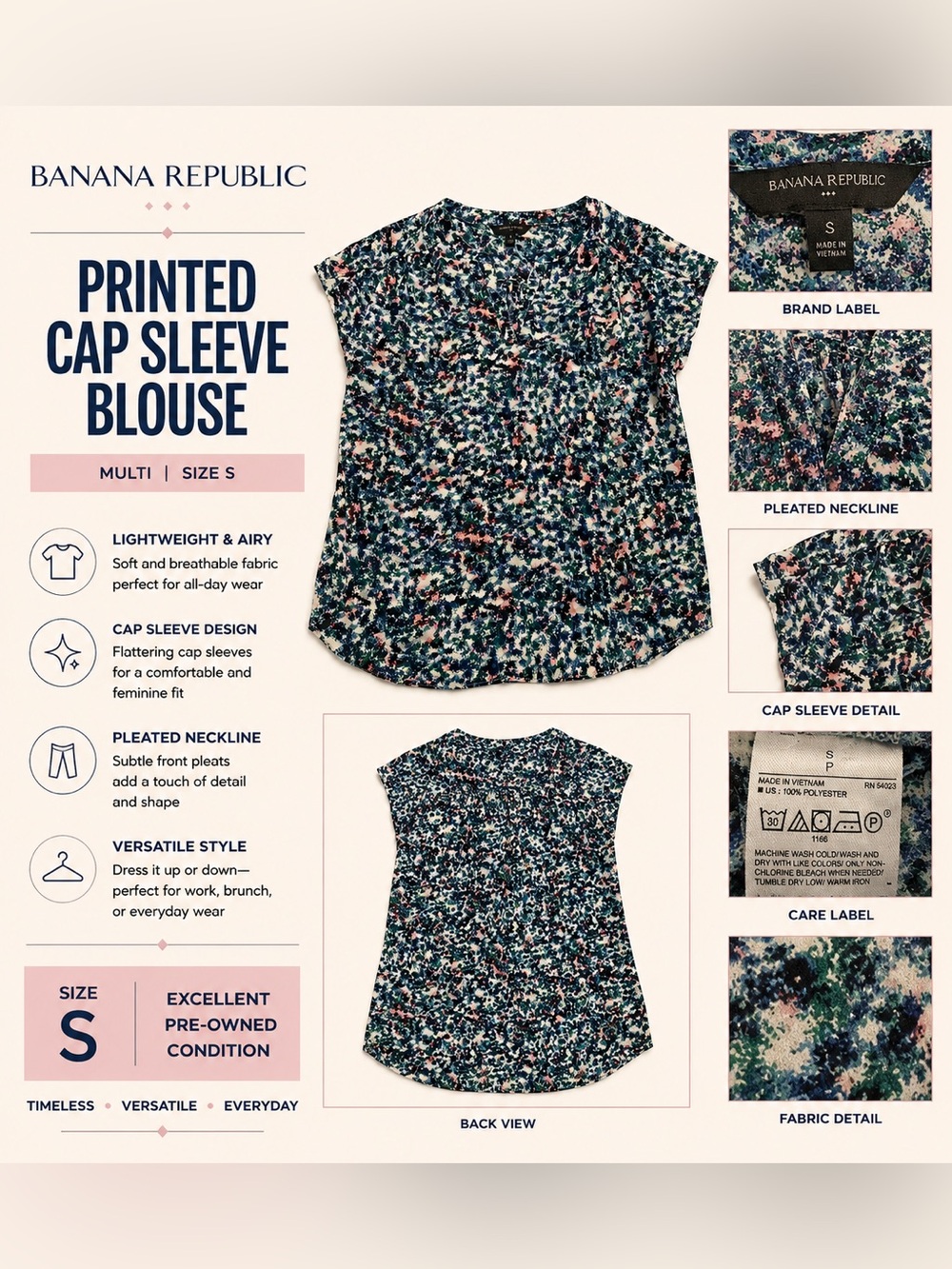 Banana Republic Navy Multi Floral Pleated Cap Sleeve Blouse - Picture 1 of 7
